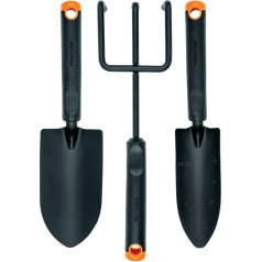 Набор садовых инструментов Fiskars, 3 предмета, цветочные грабли, совок, лопатка, головка из нержавеющей стали/пластиковая ручка, черный/оранже