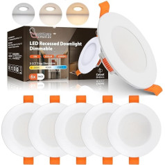 Wesome Lighting Ultra Flat LED Recessed Spotlight 230 V, 5 W 550 LM Recessed Lights, 3000 K / 4000 K / 6500 K Switchable Dimmable Spots, IP44 Bathroom Ceiling Lights, Pack of 6