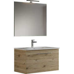 Mama Store GEA1 80 Настенный шкаф 60 см из натурального дуба с раковиной, зеркалом и светодиодной лампой, Д 62 x Ш 46 x В 45 см
