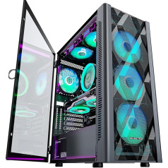MUSETEX ATX PC Case Pre-Install 6 PWM ARGB Fan, Polygonal Mesh Computer Gaming Case, Opening Tempered Glass Side Panel Mid-Tower Housing, USB 3.0 x 2, Black, NN8