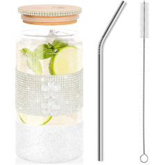 DOUJI Стеклянная бутылка для воды с крышкой, соломинкой и силиконовыми сапожками с блестками, алмазный обод, 16 унций, пивной стакан, чашка для 