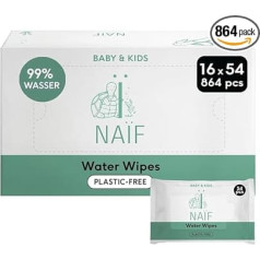 Naïf Влажные салфетки без пластика 864 шт. (16 x 54 влажных салфеток) - Уход за детской попкой, телом и лицом - 99% воды - 0% парфюмерии и спирта - Эколог