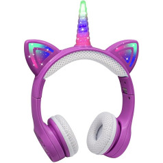 Детские наушники Bluetooth, Hisonic Unicorn Bluetooth Headphones Girls with Colourful Lights, Built-in Microphone for Children from 3 Years (Purple)