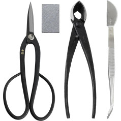 Wazakura 4 Piece Bonsai Tool Set, Made in Japan - Yasugi Steel Ashinaga Bonsai Scissors 200mm + Concave Pliers 200mm + Stainless Steel Tweezers + Resin and Rust Eraser Gift Box