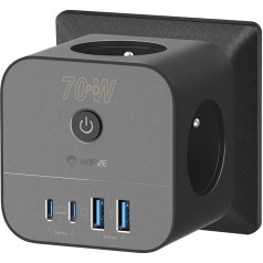 VEFVE USB C 70W Fast Charger Power Strip Cube 7-in-1 с выключателем, технология GaN III, совместимость с ноутбуками, телефонами, MacBook Pro, iPad Pro, iPhone, Galaxy