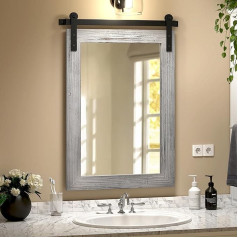 KOHROS Farmhouse Barn Door Mirror, 17 x 26 Rustic Wood Framed Wall Mirror for Bathroom, Living Room, Entrance Wall Decor (Grey)