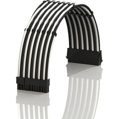 LINKUP - AVA 30cm ATX 24-Pin (20+4) Motherboard PSU Braided Sleeved Extension Cable for Power Supply with Chambers | Robust and Rigid Design | Individual Packaging | 300mm - White Black