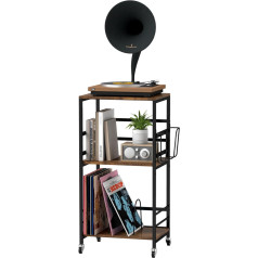 mosegor 3 Tier Record Player Stand Side Table Record Player Record Stand Made of Wood and Metal, Movable Turntable Shelf with Wheels for Living Room, Bedroom, Study