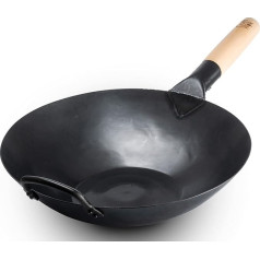 Craft Wok Black13 By Flat Pre-Thrown Hammering Carbon Steel Wok with Wood and Steel Aid Handle (13 Inch, Flat Bottom)