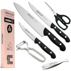 Набор кухонных ножей Arcos | Professional Knife | 6-Piece | Chef 215 мм + Kitchen 150 мм, Vegetable 100 мм + кухонные ножницы + овощечистка для фруктов и овощей + щипцы для рыб