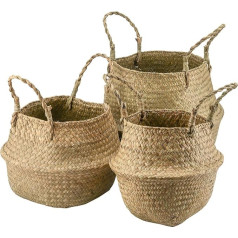 MUKLEI 3 Pack Seagrass Belly Basket, Seagrass Baskets with Handles, Seagrass Baskets for Plants, Handmade Woven Seagrass Basket for Picnic, Laundry, Storage, 3 Sizes