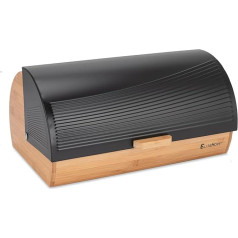 EliteHoff Bread Bin Bamboo Metal Bamboo with Roll Lid - Bread Container Black - Bread Box with Lid for Baked Goods, Bread Storage Box Stainless Steel for Bread, Rolls Approx. 39 x 26 x 19 cm