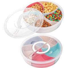 Cedilis 2 Pack Snack Serving Tray with Lid, 12 Inch Fruit Serving Containers, 5 Colorful Compartments, Divided Plastic Food Storage Organizer for Snack, Candy, Nuts, Picnic