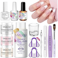 SAVILAND Plus Acryl Nagelset: 3 Farben Acryl Pulver 50ml Acryl Liquid mit Weiß French Gel Nagellack Nail Primer Top Coat Acryl Pinsel Nail Tools Acryl Nägel Starterset für Anfänger French Manicure DIY