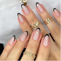 Наконечники для ногтей French Nail Tips zum Aufkleben - 24 Stück kurze künstliche Nägel mit Kleber - Glitzer schwarzer Rand Mandel Gel zum Drücken auf Nägel - Acryl zum Aufkleben auf Nägel für Frauen und Mädchen (Glitzer