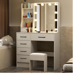 Puselo Туалетный столик с подсветкой и зеркалом, белый туалетный столик с 6 ящиками, 3 открытыми полками и 3 скрытыми полками, туалетный столик 