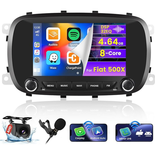 Hikity 8Cores 4G + 64G автомобильное радио Android 13 для Fiat 500X беспроводной Carplay Android автомобиль зеркало ссылка, 7 дюймов сенсорный дисплей радио Bluetooth с 32
