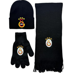 Gök-Türk Galatasaray GS 3-Piece Beanie Hat, Neck Scarf and Gloves with Logo Black, black