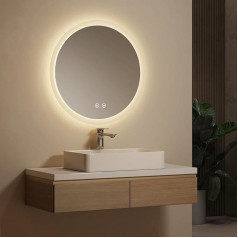 EMKE Зеркало для ванной комнаты с подсветкой, круглое, 60 см, круглое зеркало с 3 цветами подсветки, с регулировкой яркости, антитуманное, сенсо