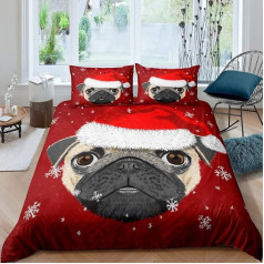 Weihnachts-Bettwäsche-Set Mops, Hund, Frohe Weihnachten, Bettwäsche-Set für Kinder, Jungen, Mädchen, niedlicher Welpe, Tier, Bettbezug, Winter, Weihnachtsdecke, Dekoration, Schlafzimmer-Kollektion,