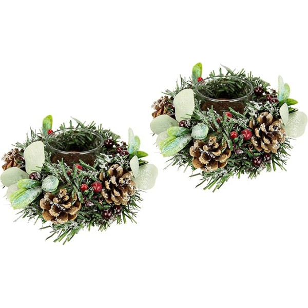 Держатель для чая украшен искусственными ягодами шишками, ледяным искусственным снегом и стеклом Набор из 2 фонарей Держатель для свечи Де