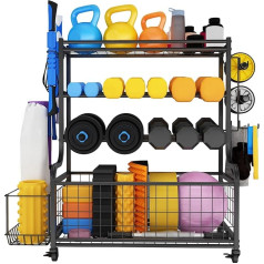 JOIEYOU Yoga Mats Dumbbell Stand Home Gym Fitness Equipment Organiser Made of Steel 4 Levels Sports Equipment Storage Shelves with Wheels & Hooks Dumbbell Rack for Dumbbells, Yoga Mats, Kettlebell,