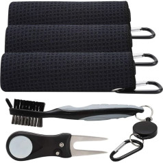 Bohoman 3 Piece Microfibre Golf Towel + 1 Piece Golf Club Brush + 1 Piece Foldable Golf Divot Tool Set, 2-in-1 Towel with Carabiner, Golf Accessory Set