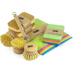 ecoME Premium Washing Up Brushes & Loofah Scourer - Eco Dish Brush Set - Long Handle Bamboo Brush with 3 Replacement Heads - Environmentally Friendly Dish Washing - Wooden Kitchen Brush - Pans Plates