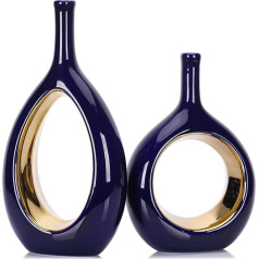 Royal Blue Gold Ceramic Vase Home Decor Modern Minimalist Circle with Hole Decorative Vase Hollow Ellipse Flower Vases for Bookshelf Mantle Centerpieces Farmhouse Rustic