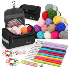 Aeeque Crochet Set with 15 Acrylic Wool, Base Crochet Set for Beginners, Metal Crochet Hooks Set with Hanging Type Bag, Crochet Sets Adults for Crocheting, Ergonomic Crochet Starter Set 2.0 mm - 8.0