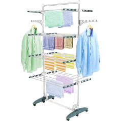 Todeco Clothes Airer Tower Foldable Laundry Tower 4 Levels Stainless Steel Tubes Tower Dryer with 6 x Wheels Top Strip Wings Mobile Tower Clothes Airer for Balcony Laundry Room Bathroom Teal Green