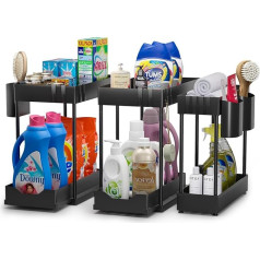 Cinnani 3 Pack 2 Tier Under Sink Shelf, Sink Organiser with 12 Hooks and 3 Hanging Cups, Extendable Basket Under Cabinet Basin, Under Sink Organiser for Kitchen, Sink, Black