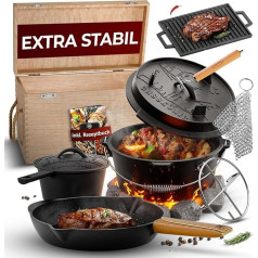 GUSSKÖNIG Dutch Oven Set 10-Piece - Pre-seasoned Cast Iron Pot Set - Frying Pan, Grill Pot, Grill Plate, Lifter Lid, Coaster, Ring Cleaner Handle Protection - Includes Dutch Oven Recipe Book
