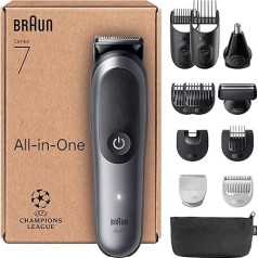 Braun All-in-One Series 7, набор для груминга 12 в 1, лезвие ProBlade, триммер для волос в носу, функция AutoSense, аккумулятор на 120 минут, AIO7545, серый