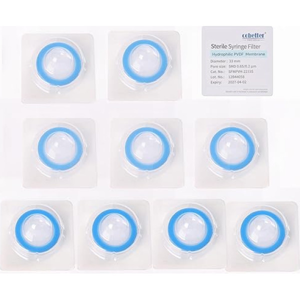 COBETTER 100 Stück Spritzenfilter Pvdf гидрофильная фильтрация, стерильный Laborfilter, 0,22 м, Pororgröße 33 мм, Membrandurchmesser, einzeln verpackt, Blau