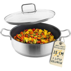 Сковорода для сотейника с высокими бортиками 28 см - Сковорода с покрытием и крышкой - Духовка до 250° - Подходит для индукционных плит - 5 литро