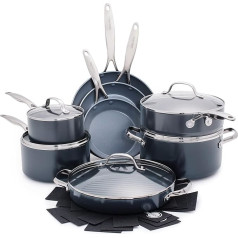 GreenPan Valencia Pro Hard Anodized Healthy Ceramic Non-Stick 16-Piece Pot and Pan Set Cookware Set PFAS Free Induction Dishwasher Safe Oven Safe Grey
