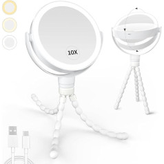 Kintion Travel Makeup Mirror, 1X/10X Portable Mirror with Lights, 3 Colour Lights, Continuous Dimming, Rechargeable Travel Mirror with Brightness Memory Function, Bendable and Removable Holder