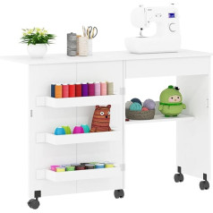 Nähtisch, 2-в-1 Faltbare Hobby Handwerk Tisch, Nähmaschinentisch mit offenen Lagerregalen und Rollen Rollen, Nähmaschinenschrank Computer Schreibtisch Workstation für Home Office