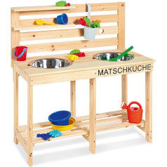 Pinolino Paul Matschküche Mud Kitchen, необработанный массив дерева, отверстие для садового шланга на задней панели, для детей старше 3 лет