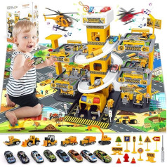 RoserRose 5-этажный детский паркинг, гараж с гоночной трассой, 14 машинок, 2 вертолета, с лифтом, светом, звуком и большой картой, паркинг для детей 