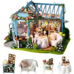 CUTEROOM DIY Мини-кукольный домик Деревянный набор мебели, чайный домик в розовом саду - домик ручной работы с музыкальной шкатулкой - для сборки 