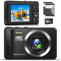 Цифровая камера 4K 64MP с картой памяти 32GB Компактная камера с автофокусом и 16-кратным цифровым зумом, перезаряжаемые 2 аккумулятора 1200 мАч 2,4 