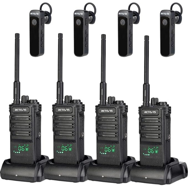 Retevis RB689 Walkie Talkie Long Range, рация с беспроводными наушниками, 2600 мАч, USB-аккумулятор, фонарь, радиоприемник для контрактников (черный, 4 шт.)