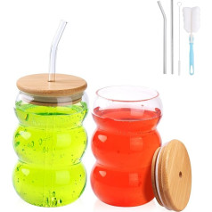 SHENDONG Стеклянные стаканы с крышкой и соломинками, набор из 2, милые ребристые стаканы для питья с бамбуковой крышкой и соломинками, 550 мл стак