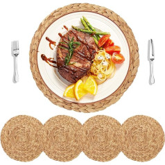 HomeDo Комплект из 4 круглых плетеных ковриков из соломы гиацинта для обеденного стола, термостойкие, нескользящие плетеные коврики, кухонные