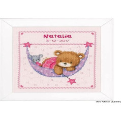 Vervaco Counted Cross Stitch: Запись о рождении: Медвежонок в гамаке (розовый), COTTON NA, 21 x 24 см.
