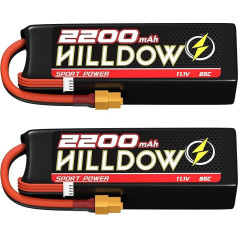Hilldow 11.1V Lipo RC Batterie 3S 85C mit 2200mAh wiederaufladbare Lipos Batterien mit weichem Gehäuse und XT60 Stecker für RC Flugzeuge Hubschrauber Drohnen FPV RC Autos und RC Boote(2 Stück)