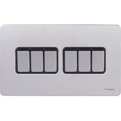 Schneider Electric Ultimate Безвинтовая плоская пластина 6 Gang Rocker 2 Way Light Switch, однополюсный, 16AX, GU1462BSS, нержавеющая сталь с черной вставкой