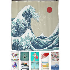 arteneur® Japan Wave Anti-Mould Shower Curtain, 180 x 200 см, с Oeko-Tex Standard 100, утяжеленный подол, непрозрачный, водонепроницаемый, моющийся, с 12 кольцами и электронной 